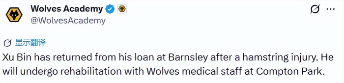 徐彬伤愈后将继续留洋征战英冠